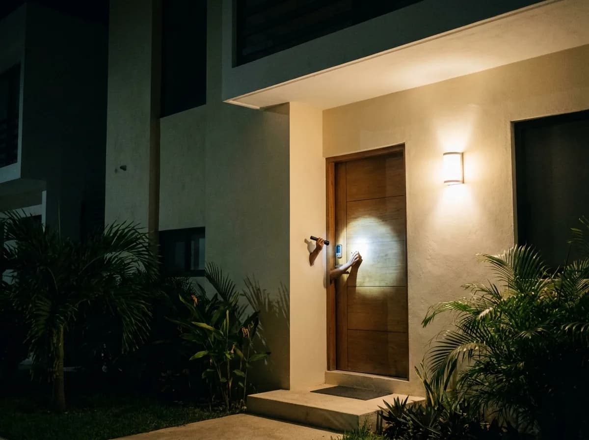 Cerrajero 24 horas en Cancún: cerradura iluminada por linterna de noche